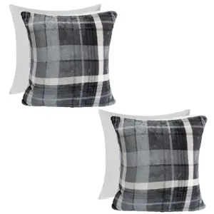 Tartan Check Cushion Covers 2 Pack Filled Flannel Fleece Set, 45 x 45cm - Grey