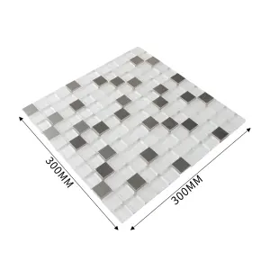 Prate Grey & white Frosted Gloss Glass & stainless steel Mosaic tile, (L)320mm (W)32mm