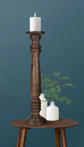 Rustic Antique Carved Wooden Pillar Church Candle Holder Light Brown, Extra Large 45cm High