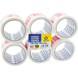 6 Rolls Of Fragile Strong Packing Parcel Tape 48mm X 50m Sellotape Stationary