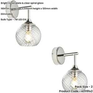 2 PACK Indoor Bright Nickel Plate Wall Light - Clear Spiral Glass Shade - Dimmable 7W LED E14