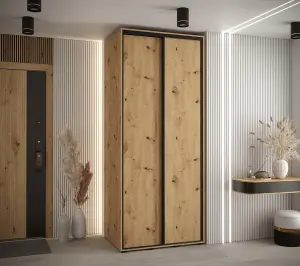 Rustic Oak Artisan Sliding Door Wardrobe H2050mm W1200mm D600mm with Black Steel Handles and Decorative Strips