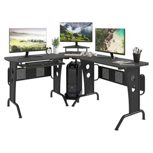 HOMCOM Space-Saving Corner Work Office Desk Gaming w/ Steel Frame CPU Rack Black