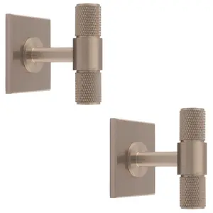 2 PACK - Knurled T Bar Cabinet Door Knob & Matching Backplate - Satin Nickel 40 x 40mm