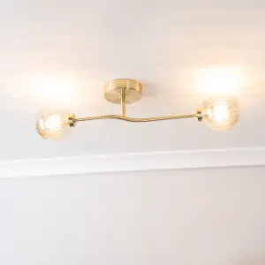 ValueLights Chessy Gold Metal Bar 2 Way Ceiling Light with Amber Ribbed Glass Globe Shades - LED Bulbs Included