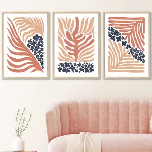 Set of 3 Framed Framed Blue and Pink Boho Abstract Floral / 50x70cm / Oak