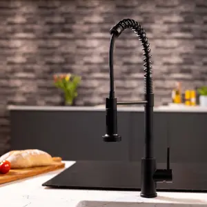 Flode Fjadra Pull Out Kitchen Sink Mixer Tap Spring Style Mixer Tap Matt Black Round Head