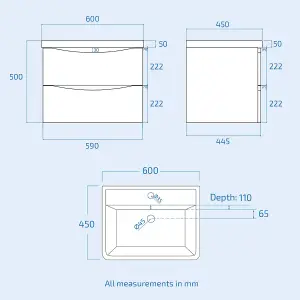 Nes Home Merton 600mm Wall Hung Vanity Basin Unit & Square Rimless Close Coupled Toilet Grey