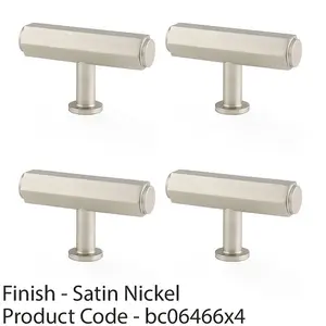 4 PACK - Industrial Hex T Bar Cabinet Door Knob - 55mm x 38mm - Satin Nickel Pull Handle