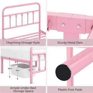 Yaheetech Pink 3ft Single Vintage Metal Bed Frame with High Headboard and Footboard