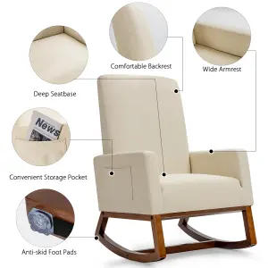 Costway Modern Rocking Chair Upholstered Fabric Leisure Armchair with Rubber Wood Base