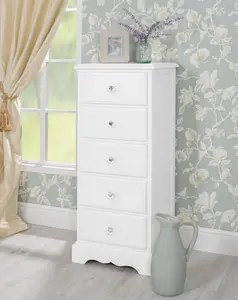 Romance True White 5 Drawer Tallboy with Crystal Handles