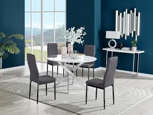 Furniturebox UK Novara White High Gloss 120cm Round Dining Table & 4 Grey Velvet Milan Black Leg Chairs