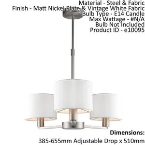 Ceiling Pendant Light Matt Nickel & Vintage White Fabric 3 x 40W E14 e10095