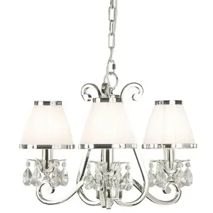 Esher Ceiling Pendant Chandelier Nickel Crystal & White Shades 3 Lamp Light