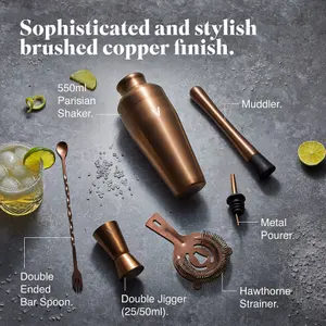 VonShef Cocktail Shaker Set Copper, 550ml Parisian Shaker, 6pc Bartender Set for Home Bar - Strainer, Muddler, Jigger & Gift Box