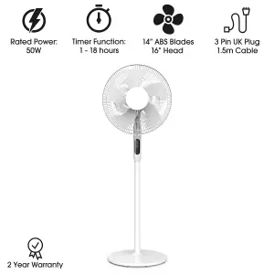 Futura Pedestal Fan 16" Oscillating 50W White Standing Remote Control Fans Timer & Adjustable Height