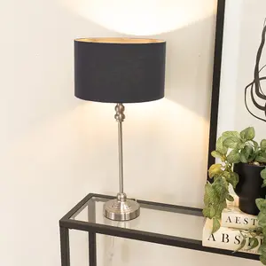 ValueLights Maggie Brushed Chrome Candlestick Slim Table Lamp with Charcoal Fabric Drum Lamp Shade