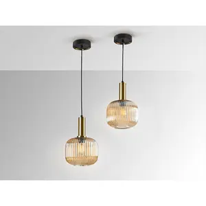 Luminosa Norma Globe Pendant Ceiling Light Black, Brass, Amber Glass, E27