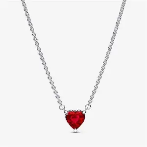 Pandora Sparkling Heart Halo Pendant Collier Necklace - Sterling Silver / Mixed Stone / Red - Sz. 45 cm