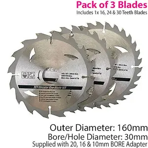 3 Pack 160mm x 30mm TCT Circular Saw Blades 162430 Teeth 20mm 16mm 10mm Ring