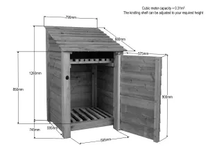 Wooden log store with door and kindling shelf W-79cm, H-126cm, D-88cm - brown finish