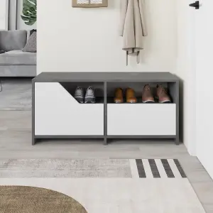 Decortie Modern Nexus Shoe Cabinet Retro Grey, White 105(W) 2-Door Storage and Open Shelf Space Saver Engineered Wood Hallway