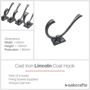 Oakcrafts - Antique Cast Iron Lincoln Coat Hook - Pack of 4 Hooks