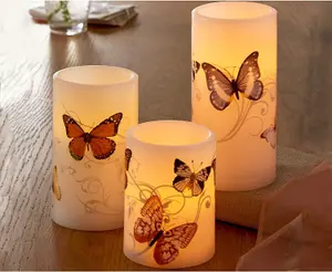 3 x Butterfly Design Real Wax LED Pillar Candles - Battery Powered Flickering Light Home Decoration - One of Each 10, 12.5 & 15cm