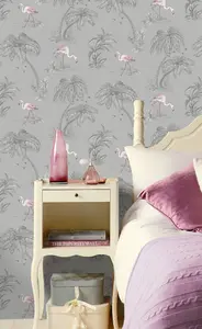 Holden Decor Flamingo Lake Grey/Coral Tropical Smooth Wallpaper