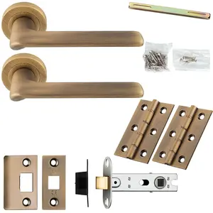 Door Handle & Latch Pack - Antique Brass - Slim Rounded Lever On Round Rose