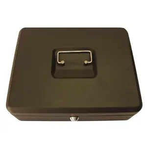 Lockable 12" Steel Cash Box - Money Organiser Safe with Note & Coin Tray, Cylinder Lock & Carry Handle - H9 x W30 x D24cm, Black