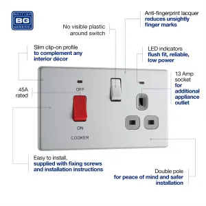 BG Electrical FBS70G Nexus Screwless Flat-Plate Switched Socket Cooker Unit Brushed Steel Grey Insert 45A