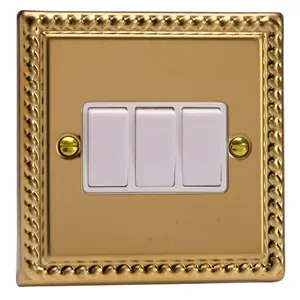 Varilight 3-Gang 10A 1- or 2-Way Rocker Switch Georgian Brass