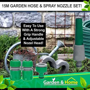 Garden Hose & Spray Nozzles 5 Piece Set 15m Reinforced Pipe Roots & Shoots