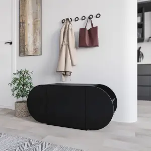 Decortie Modern Pozy Shoe Bench Storage Black 110(W)cm Oval Shape 3-Door Minimal Organiser for Office, Hallway