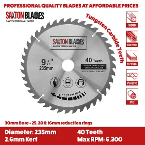 Saxton TCT23540T TCT Circular Saw Blade 235mm x 40T x 30mm Bore + 16, 20 and 25mm Reduction Rings