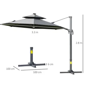 Outsunny 3m Cantilever Parasol Solar Lights Power Bank Base 360 degree Spin Dark Grey