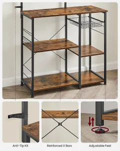 VASAGLE Industrial Kitchen Organizer, Standing Shelf with Metal Basket, 6 Hooks, Microwave Shelf Rack, Spice Rack, Dark Brown