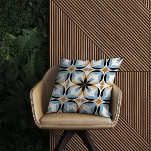 White Brown and Blue Geometric Pattern Outdoor Cushion 60cm x 60cm