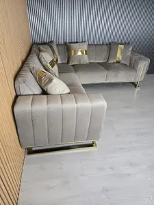 Genova Velvet Beige Corner Sofa With Gold Metal Legs