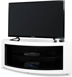 Homeology PANGEA Gloss White Curved Tru-Corner Black Beam-Thru Doors up to 50" TV Cabinet