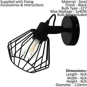 Wall Flush Ceiling Light Colour Black Shade Open Wire Frame Bulb E27 1x40W