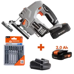 DAEWOO U-FORCE 18V Cordless Jigsaw + 2.0Ah Battery + Charger + 10pk Jigsaw Blade Set