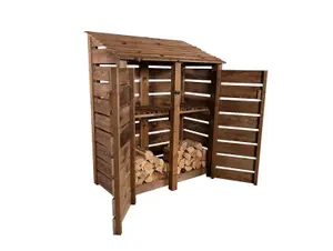 Slatted wooden log store with door and kindling shelf W-146cm, H-180cm, D-88cm - brown finish