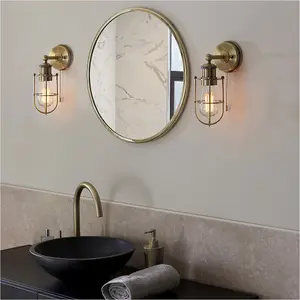 IP44 Bathroom Wall Light - Antique Brass Caged Lamp - Industrial Style Toggle Switch