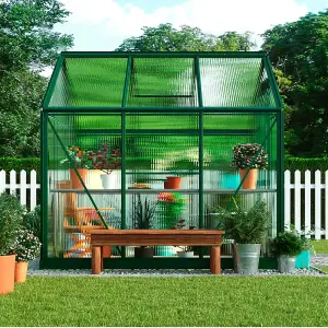 6x6ft Polycarbonate Greenhouse Large Walk-in Garden Growhouse,Sliding Door & Twin Wall Panels with Steel Base (Green)