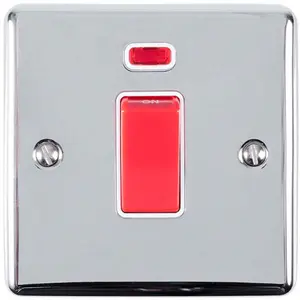 45A DP Oven Switch & Neon Light CHROME & White Trim Appliance Red Rocker