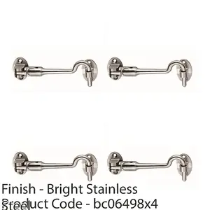 4 PACK - Silent Pattern Cabin Hook & Eye Bright Stainless Steel 100mm Arm Cabinet Hatch