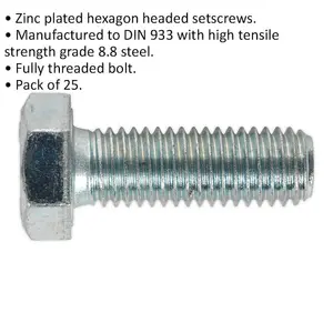 25 Pack M12 x 35mm HT Setscrews - Grade 8.8 Zinc Coated Fully Threaded Bolts